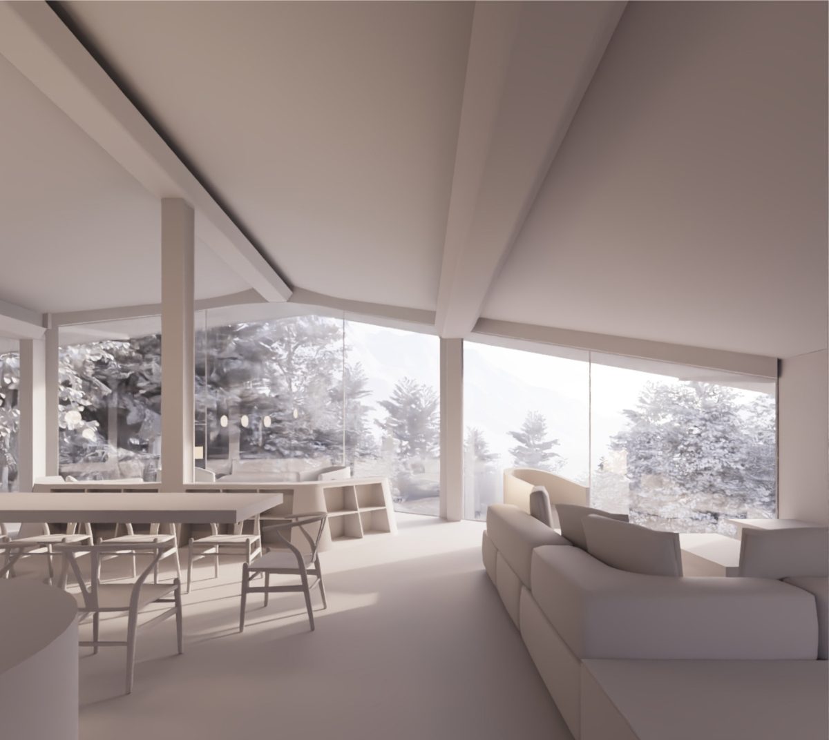 alt="Modern kitchen interior with curved glass window framing forest views"