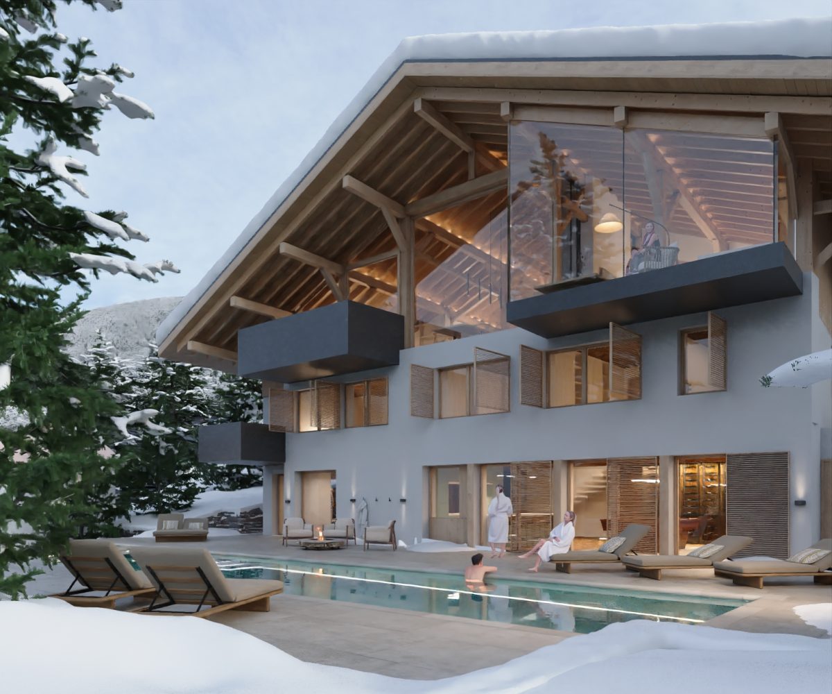 alt="Contemporary rear façade with extruded architectural form and reflective pool in foreground"