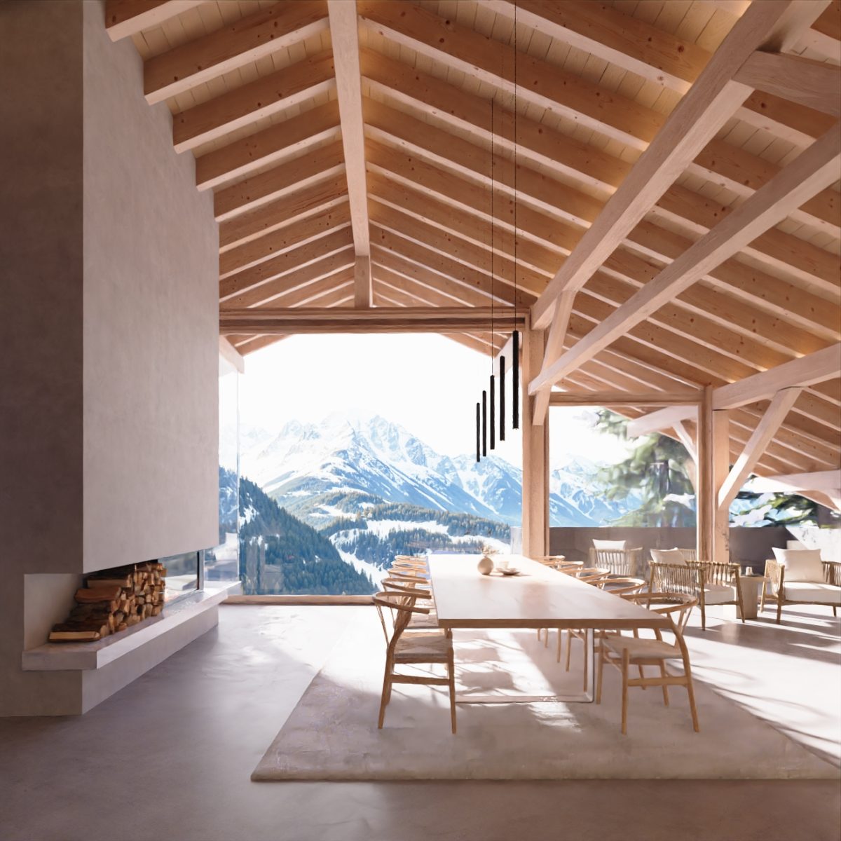 alt="Dining area in contemporary timber chalet with partial fireplace view, looking out through floor-to-ceiling windows at mountain and alpine forest scenery"