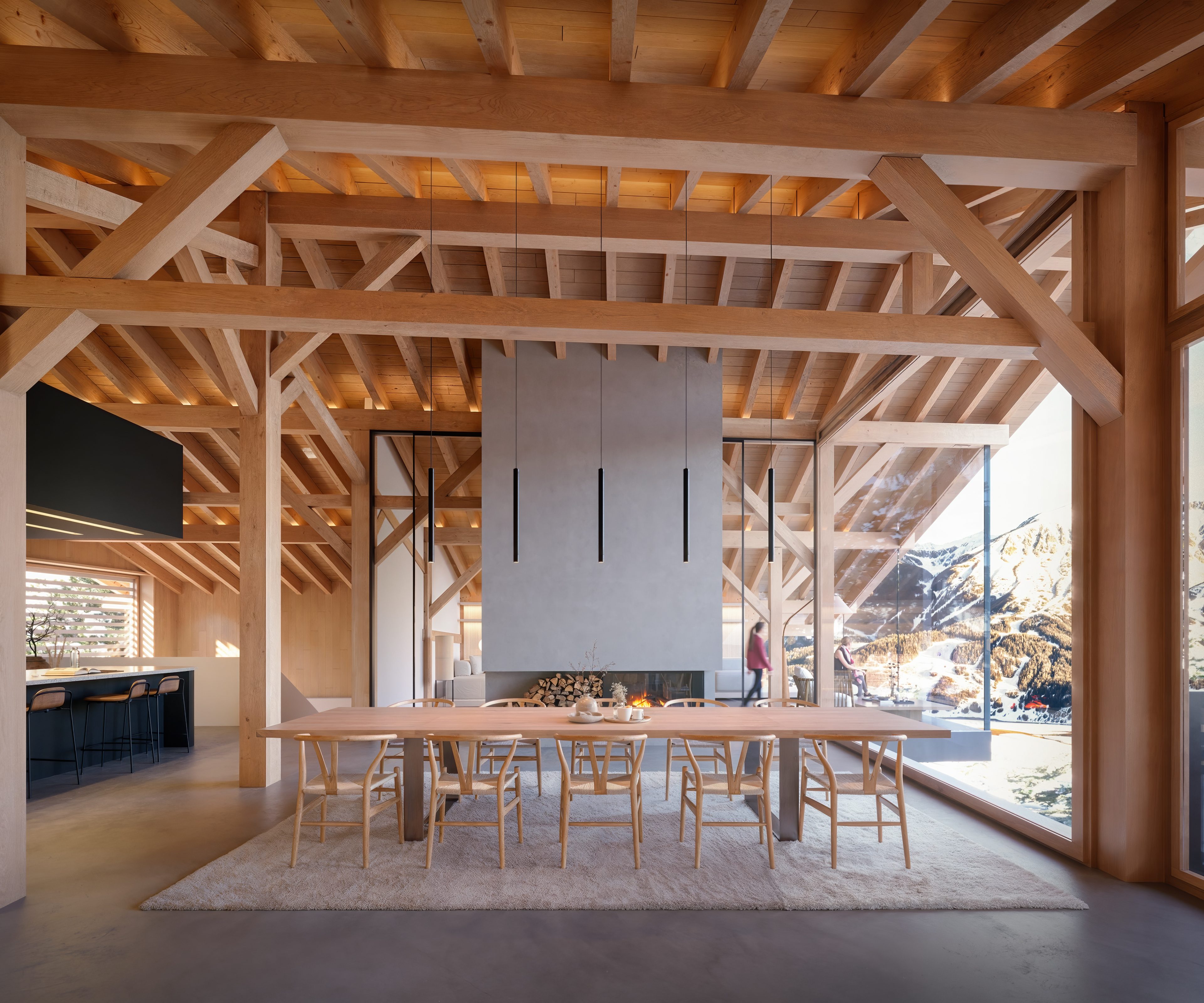 alt="Contemporary timber chalet interior with floor-to-ceiling fireplace behind large dining table, panoramic mountain and alpine forest views through floor-to-ceiling windows"