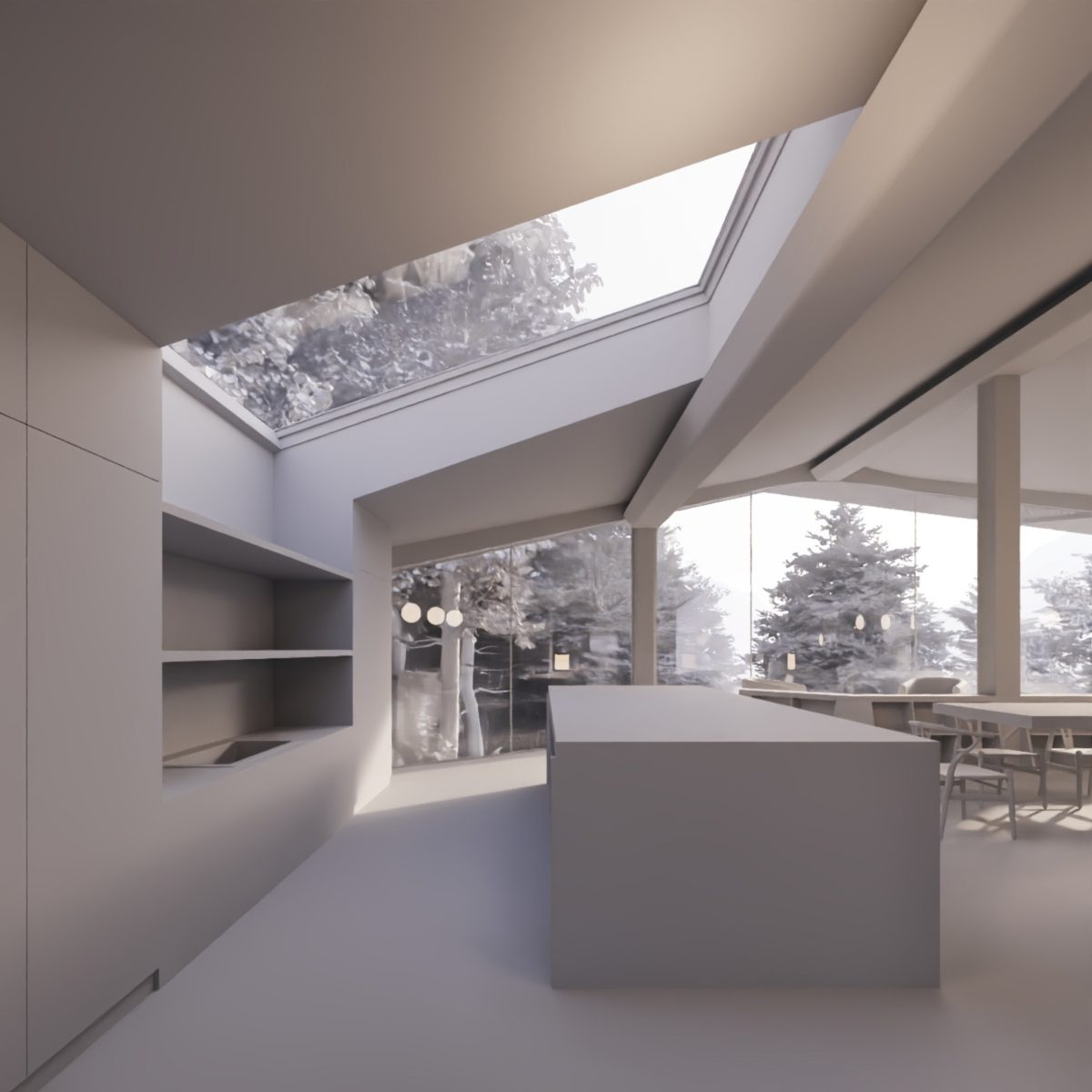 alt="Contemporary kitchen design with skylight void, sleek island, and panoramic forest-facing glazing"