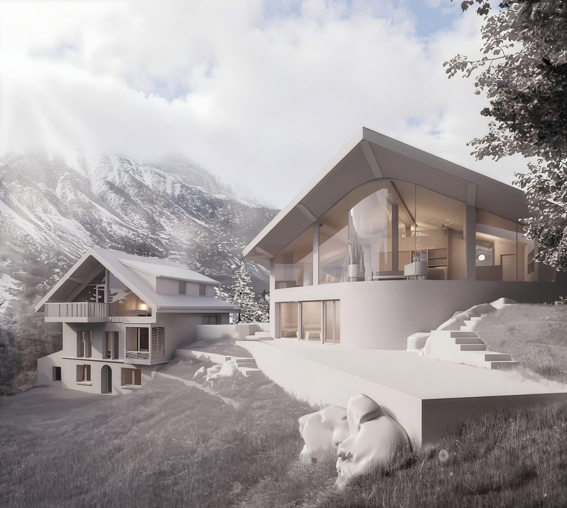 alt="Architectural view from across a still pool looking toward the rear of the building with large windows and sloped roofs"