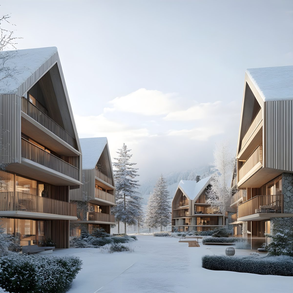 alt="Contemporary alpine chalet complex with timber façades, steep pitched roofs, generous balconies, and snow-covered landscape surrounded by evergreen trees, modern mountain architecture visualisation"